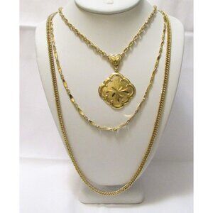 Symbolic Diamond Shape Gold Tone Pendant Elegant Multi Strand Necklace